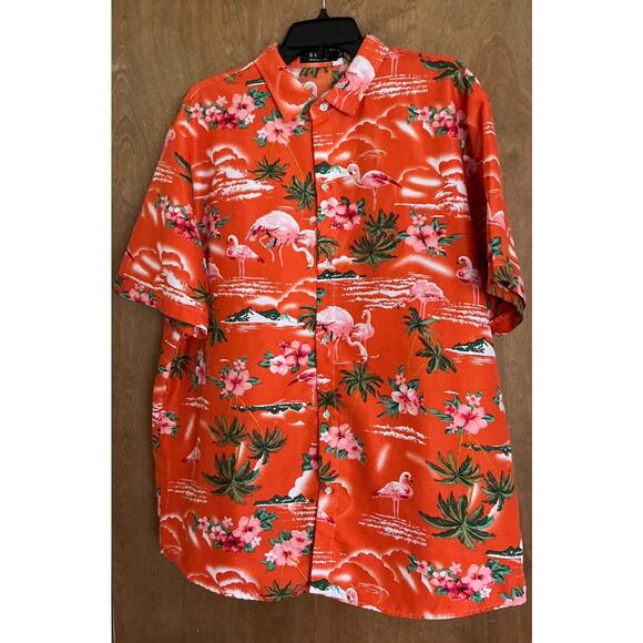 SSLR Hawaiian Men's Shirt Orange Flamingo Palm Short Sleeve Button Down XL - Picture 1 of 10